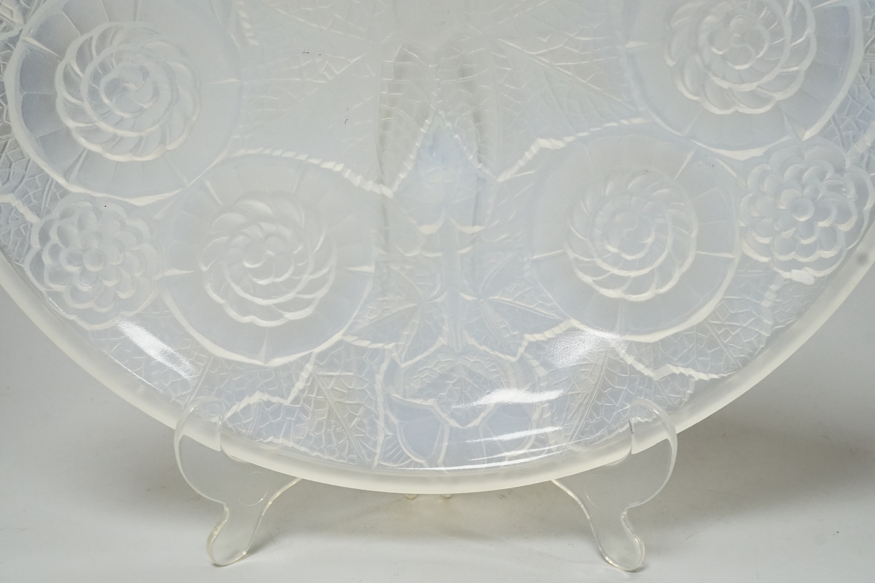 A French Lalique style opalescent glass dish, 32cm